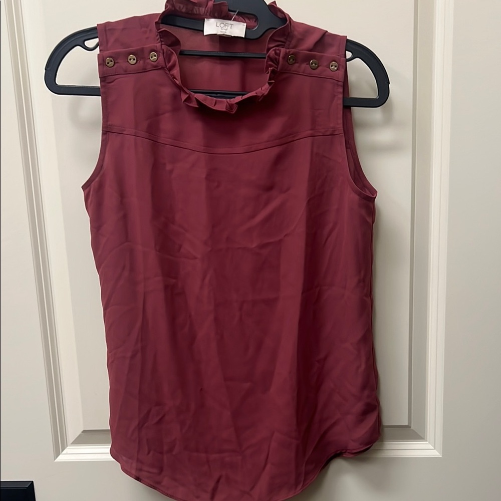LOFT Outlet Maroon Sleeveless Ruffled Blouse with Mandarin Collar